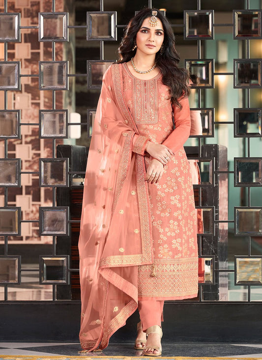 Salwar Suit Jacquard Viscose Peach Embroidered Salwar Kameez