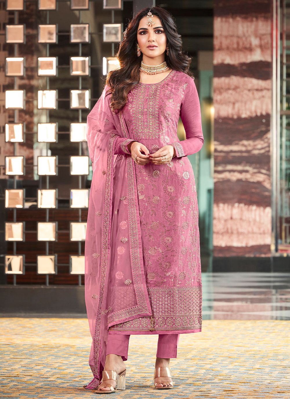 Salwar Suit Jacquard Viscose Pink Embroidered Salwar Kameez
