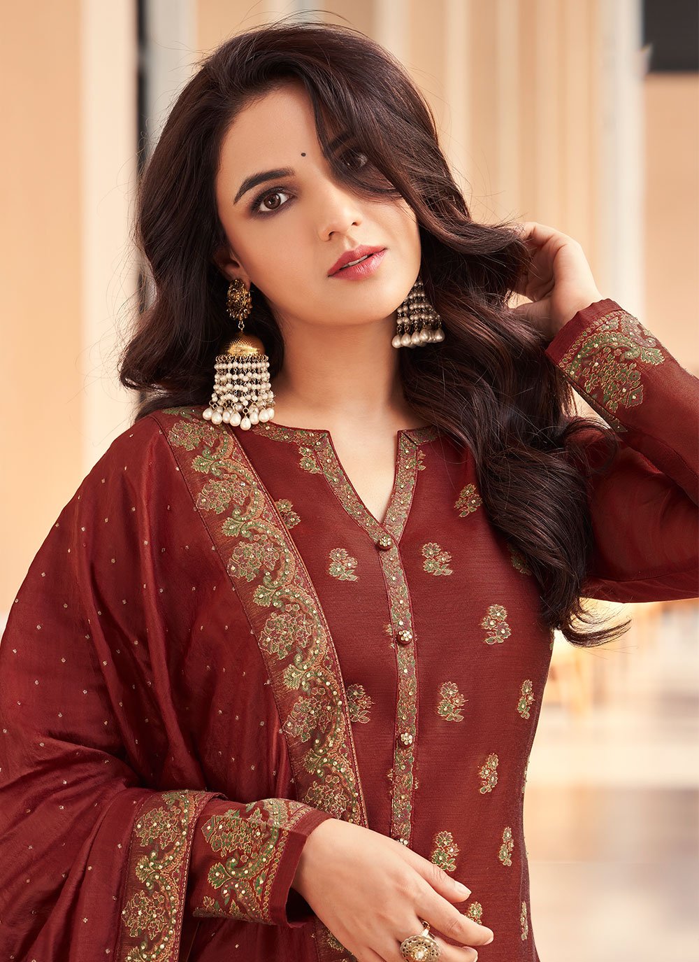 Salwar Suit Jacquard Maroon Embroidered Salwar Kameez