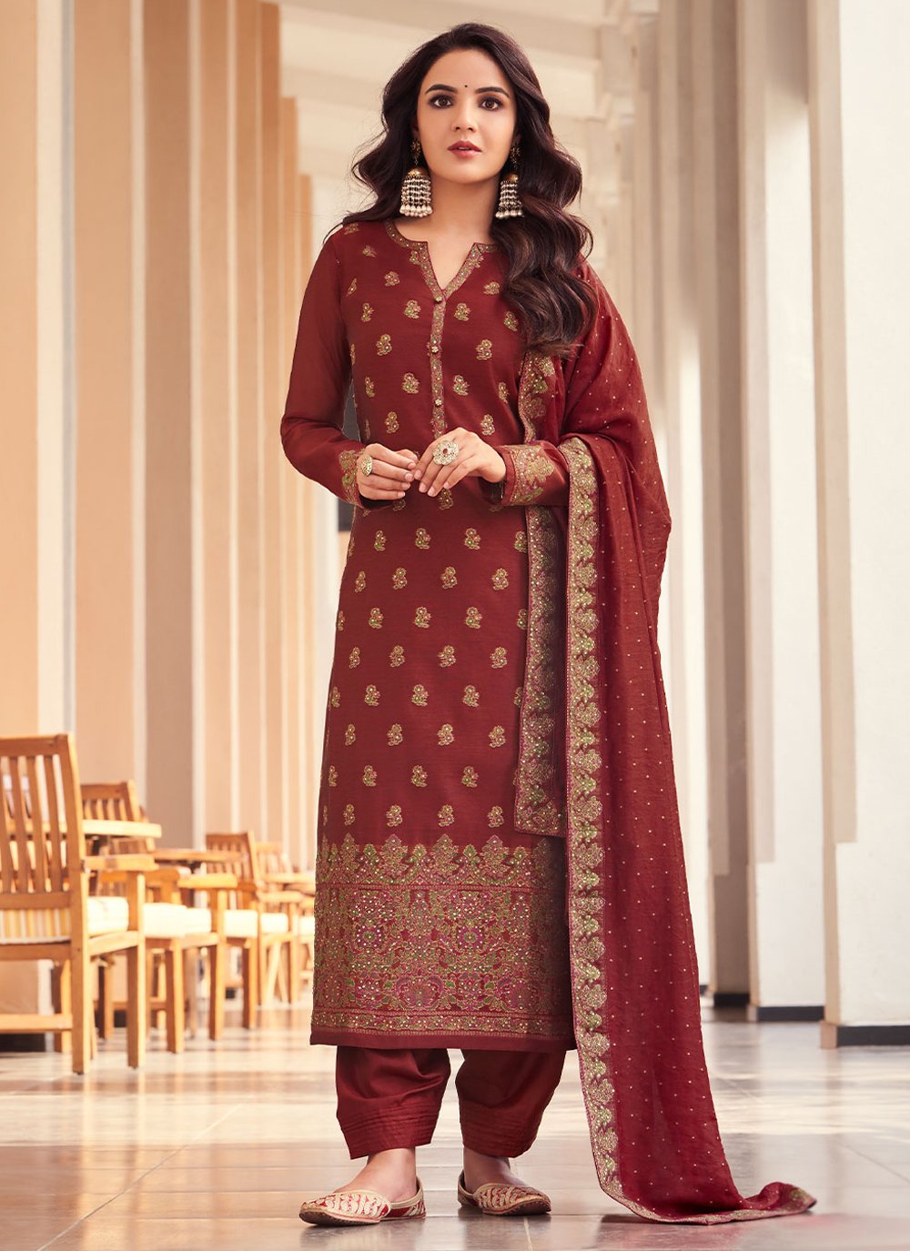 Salwar Suit Jacquard Maroon Embroidered Salwar Kameez