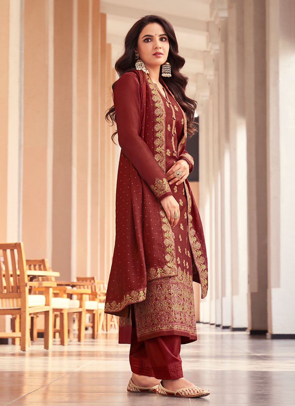 Salwar Suit Jacquard Maroon Embroidered Salwar Kameez