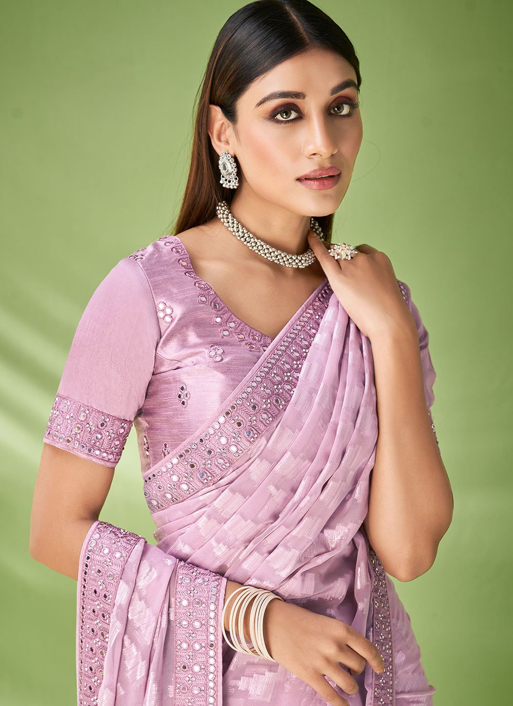 Contemporary Georgette Jacquard Mauve Foil Print Saree