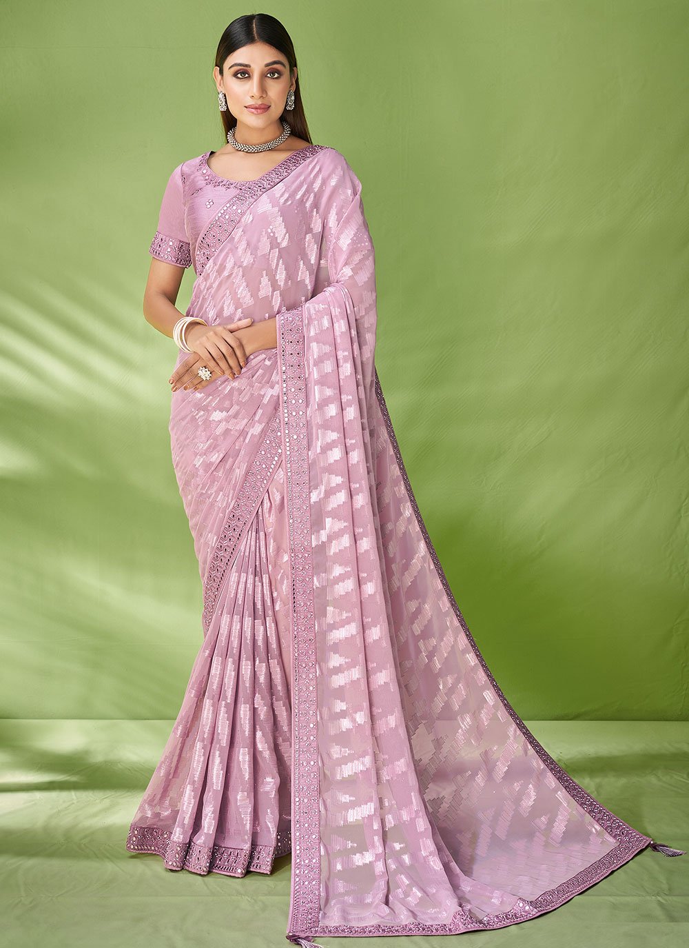 Contemporary Georgette Jacquard Mauve Foil Print Saree