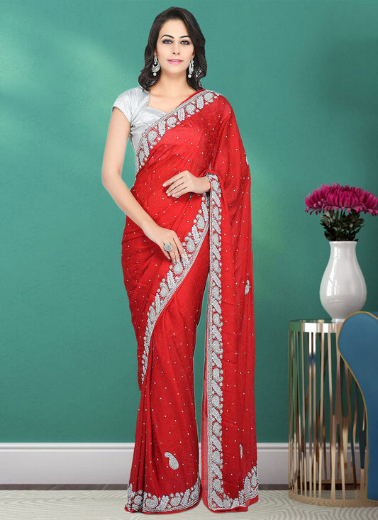 Contemporary Jacquard Red Embroidered Saree