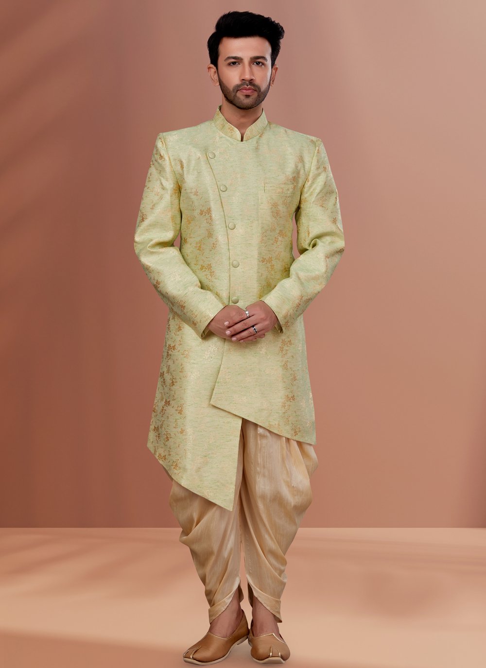 Indo Western Jacquard Linen Green Fancy Work Mens