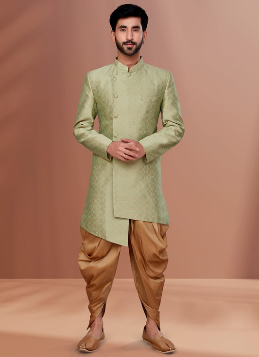 Indo Western Jacquard Green Fancy Work Mens