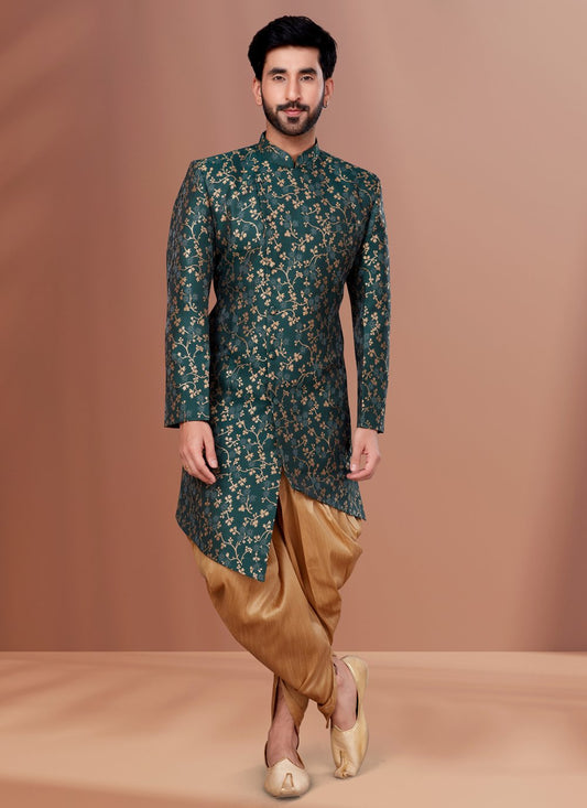 Indo Western Jacquard Green Fancy Work Mens