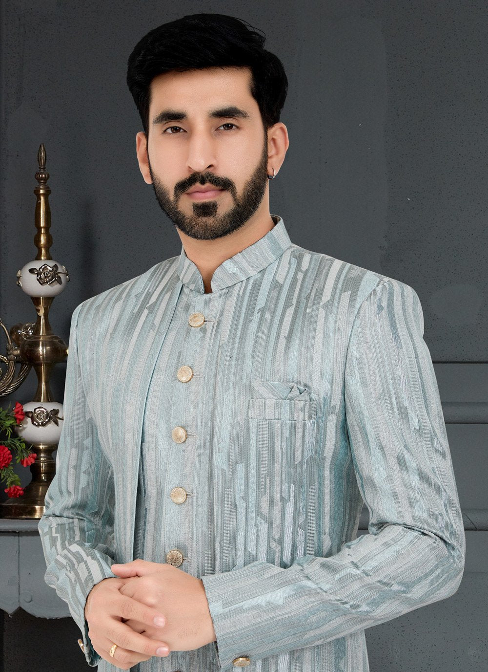 Indo Western Imported Jacquard Grey Turquoise Fancy Work Mens