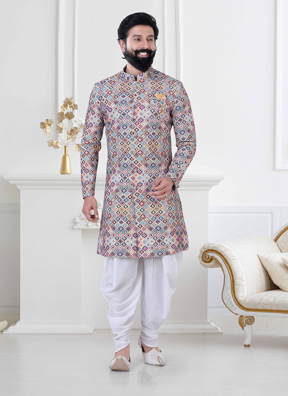 Indo Western Jacquard Multi Colour Fancy Work Mens