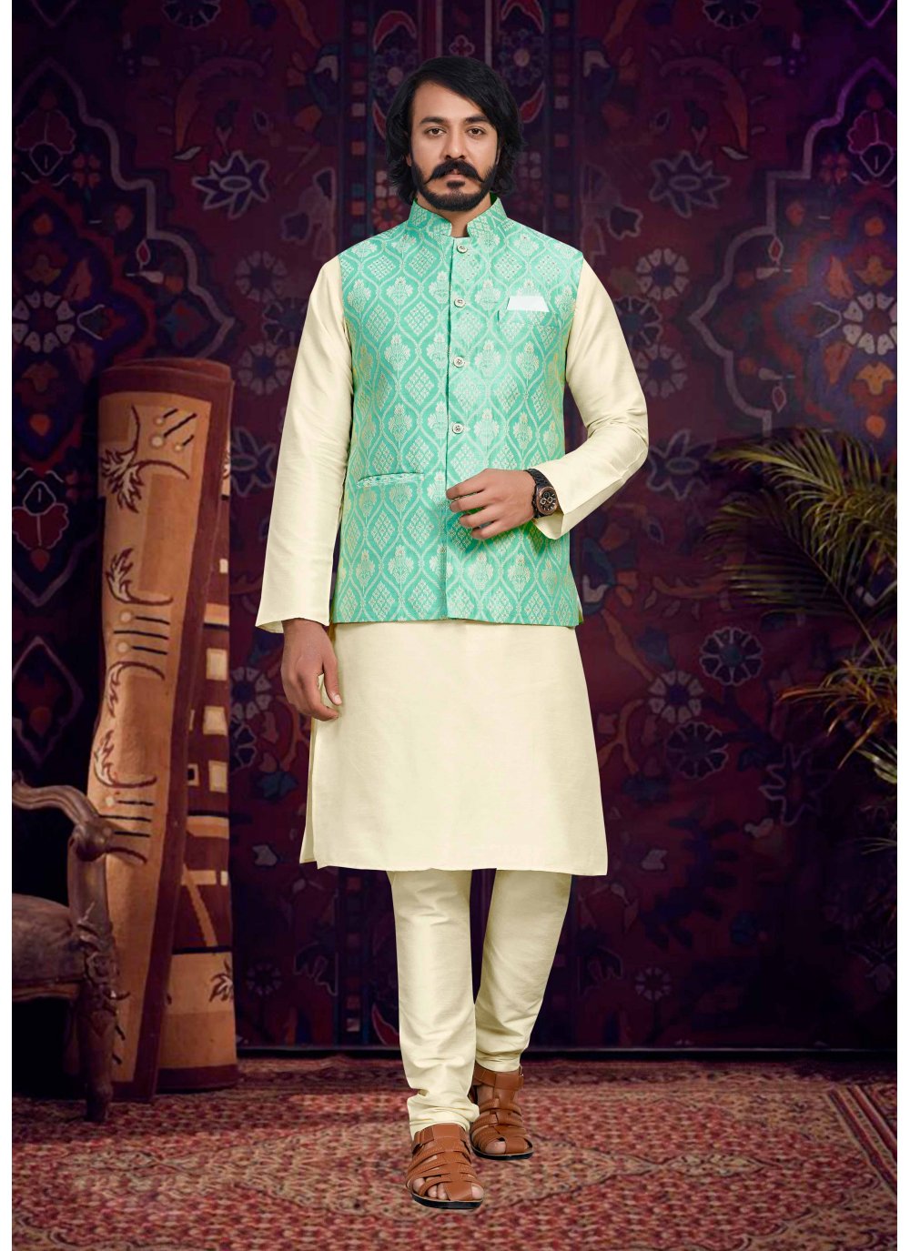 Kurta Payjama With Jacket Art Silk Jacquard Cream Green Fancy Work Mens