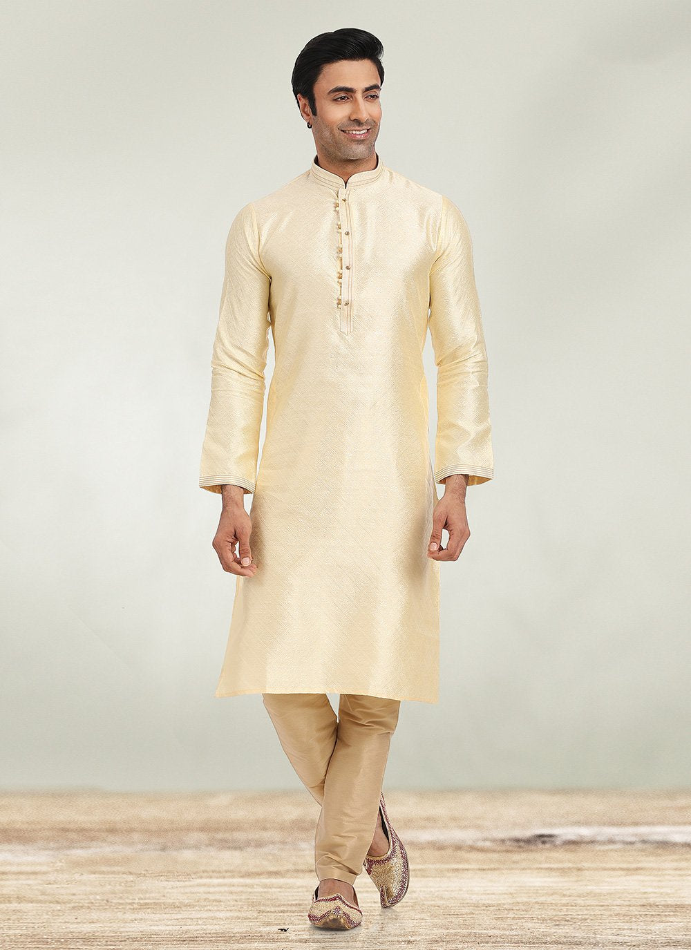 Kurta Pyjama Jacquard Beige Fancy Work Mens