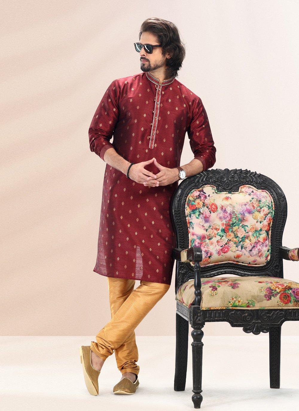 Kurta Pyjama Banarasi Silk Jacquard Wine Fancy Work Mens