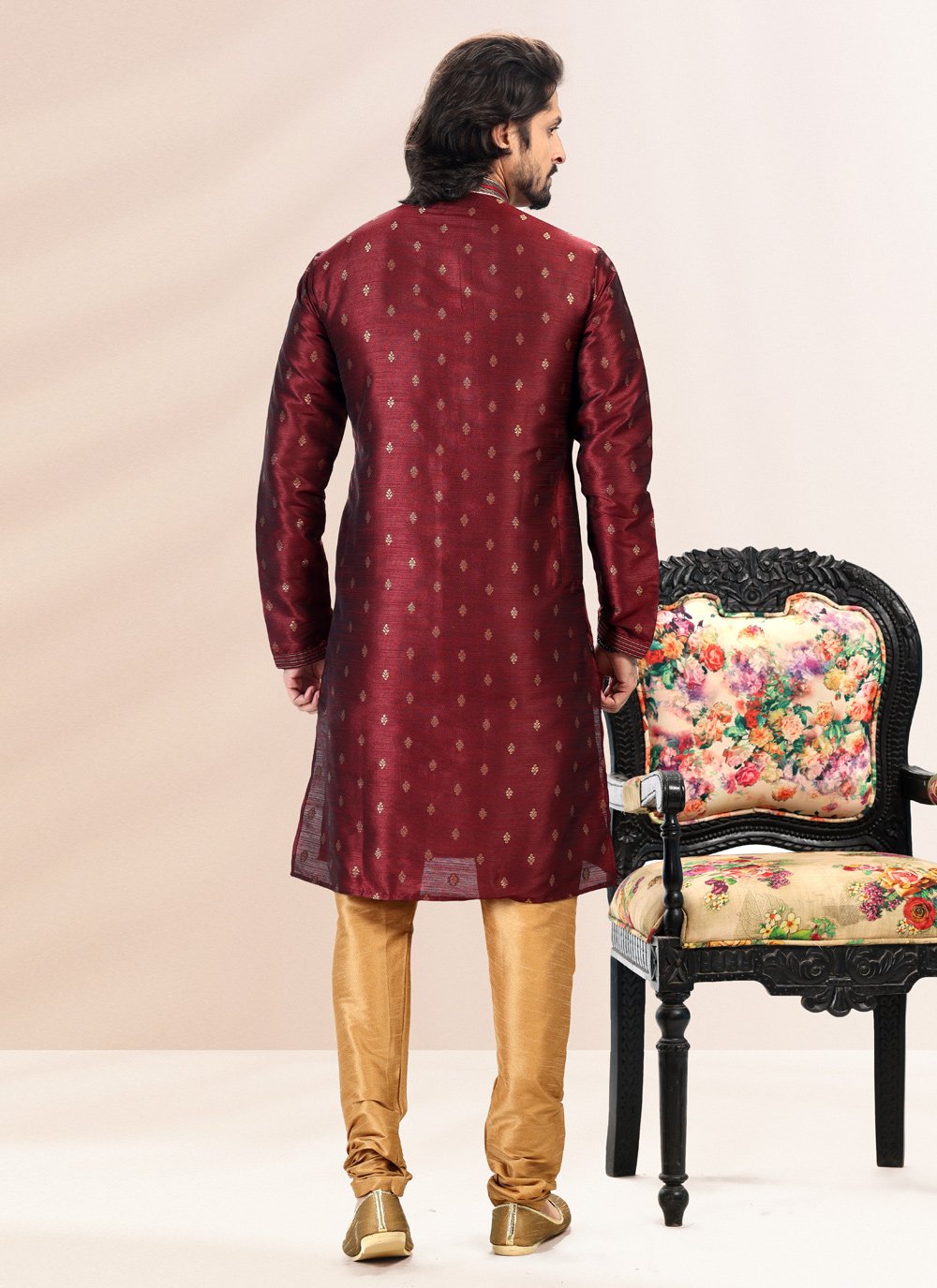 Kurta Pyjama Banarasi Silk Jacquard Wine Fancy Work Mens