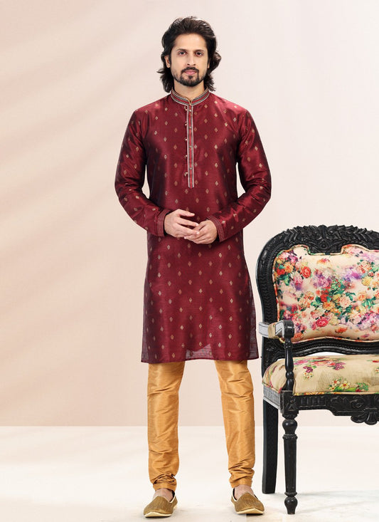 Kurta Pyjama Banarasi Silk Jacquard Wine Fancy Work Mens