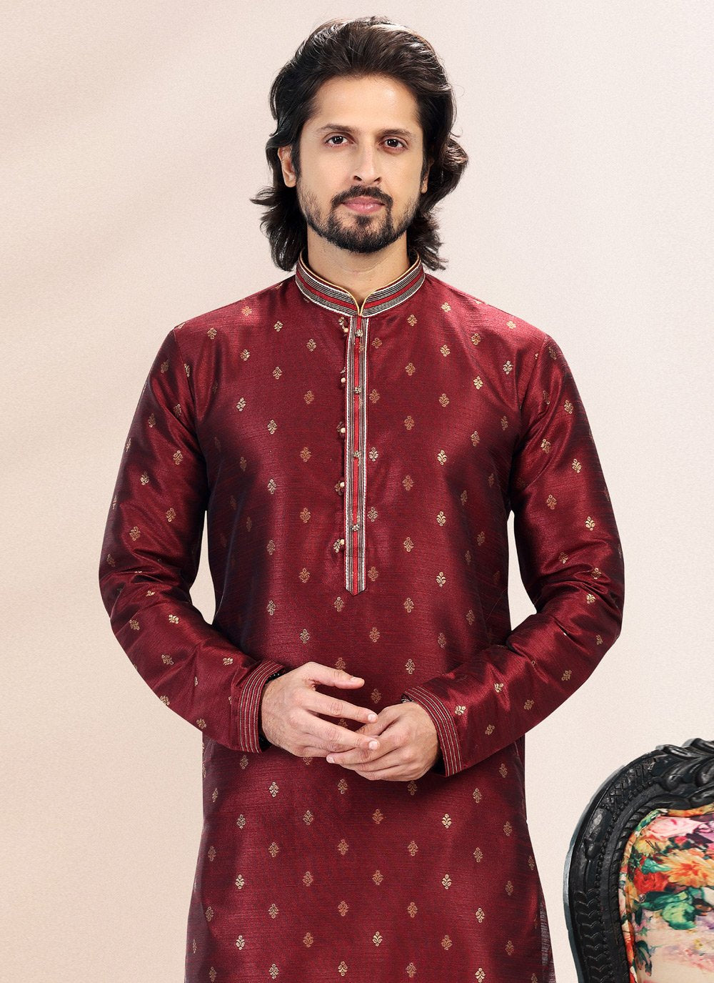 Kurta Pyjama Banarasi Silk Jacquard Wine Fancy Work Mens