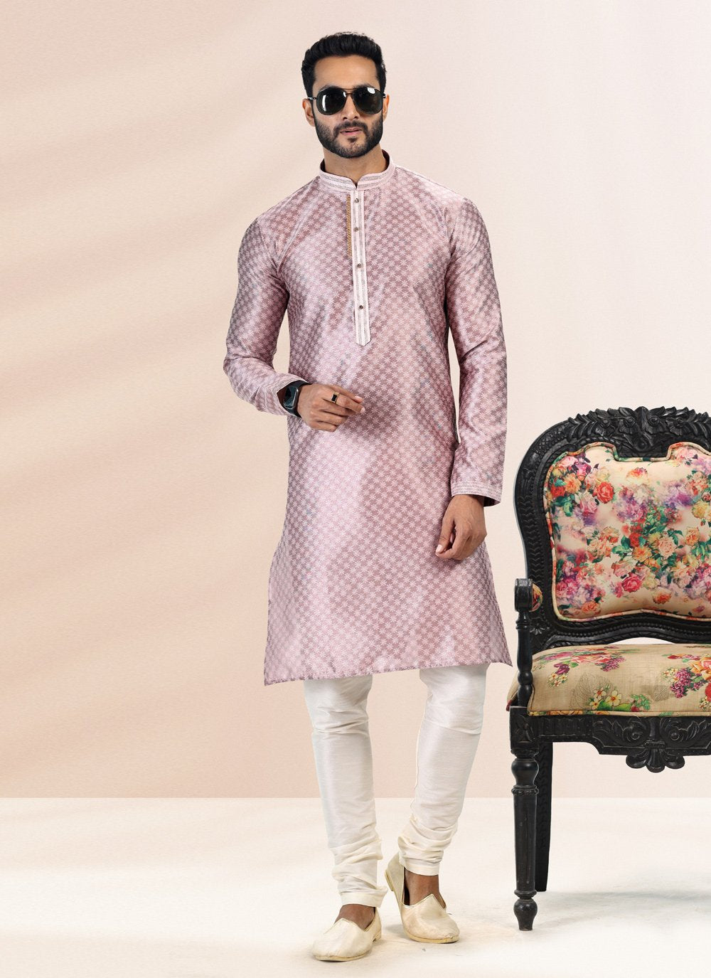 Kurta Pyjama Banarasi Silk Jacquard Mauve Fancy Work Mens