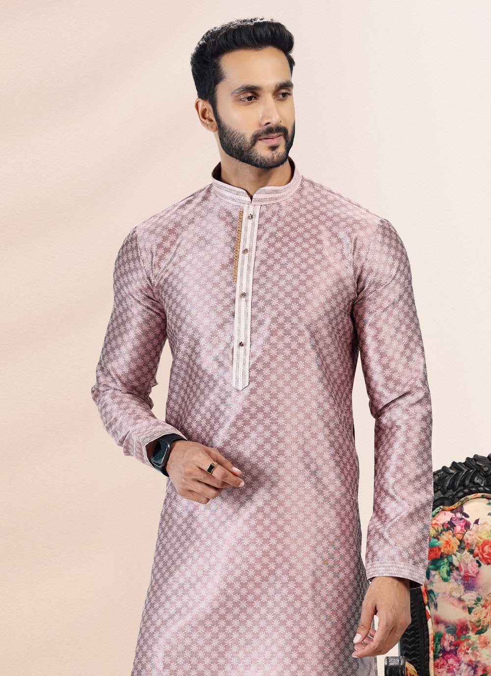 Kurta Pyjama Banarasi Silk Jacquard Mauve Fancy Work Mens