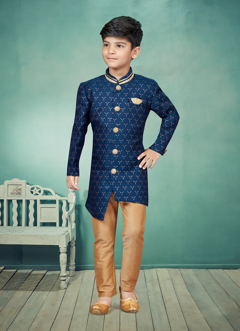 Indo Western Jacquard Blue Lace Kids