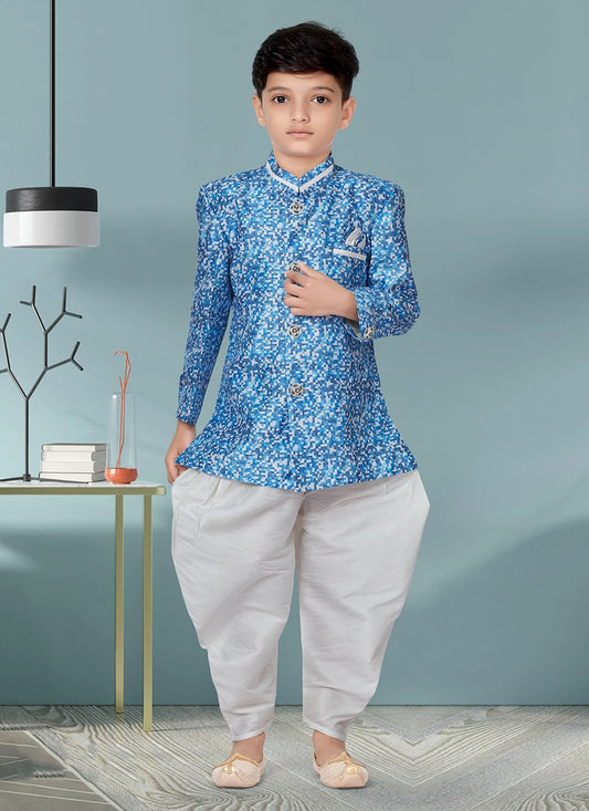 Indo Western Sherwani Jacquard Blue Digital Print Kids