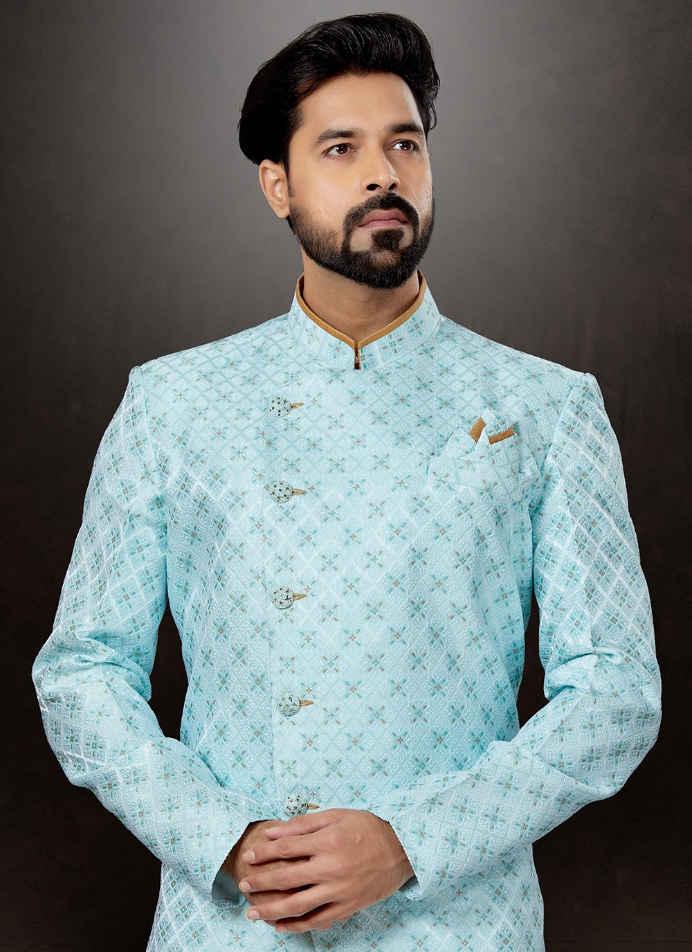 Indo Western Sherwani Jacquard Firozi Embroidered Mens