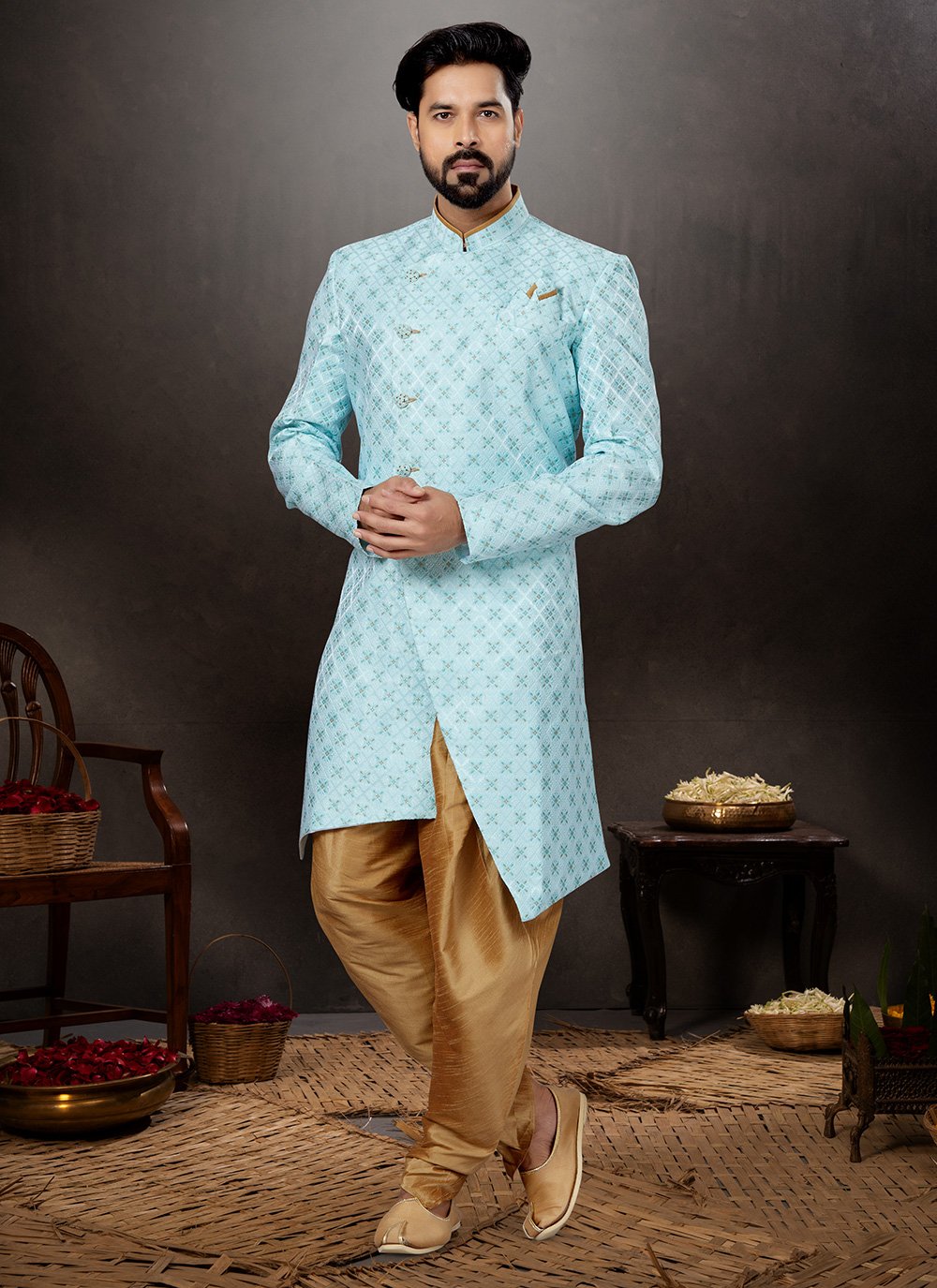 Indo Western Sherwani Jacquard Firozi Embroidered Mens