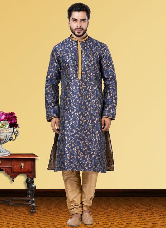 Kurta Pyjama Jacquard Blue Foil Print Mens