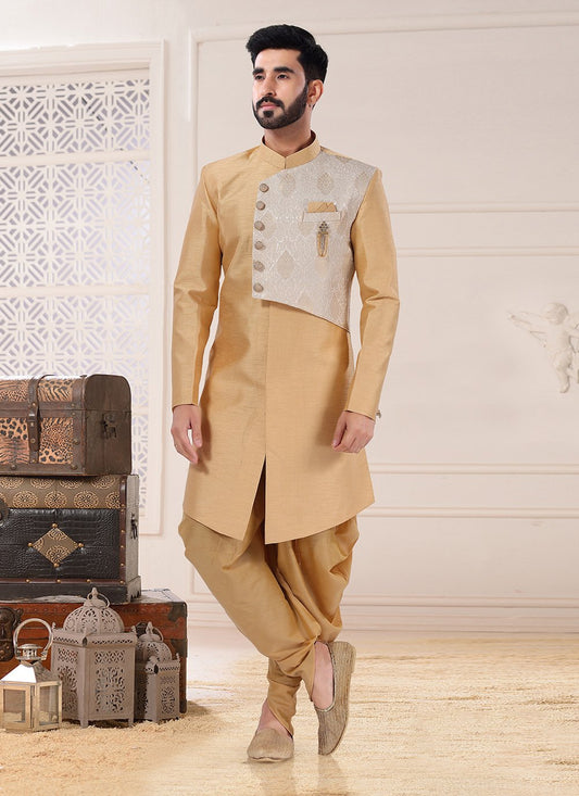Indo Western Sherwani Jacquard Silk Gold Embroidered Mens