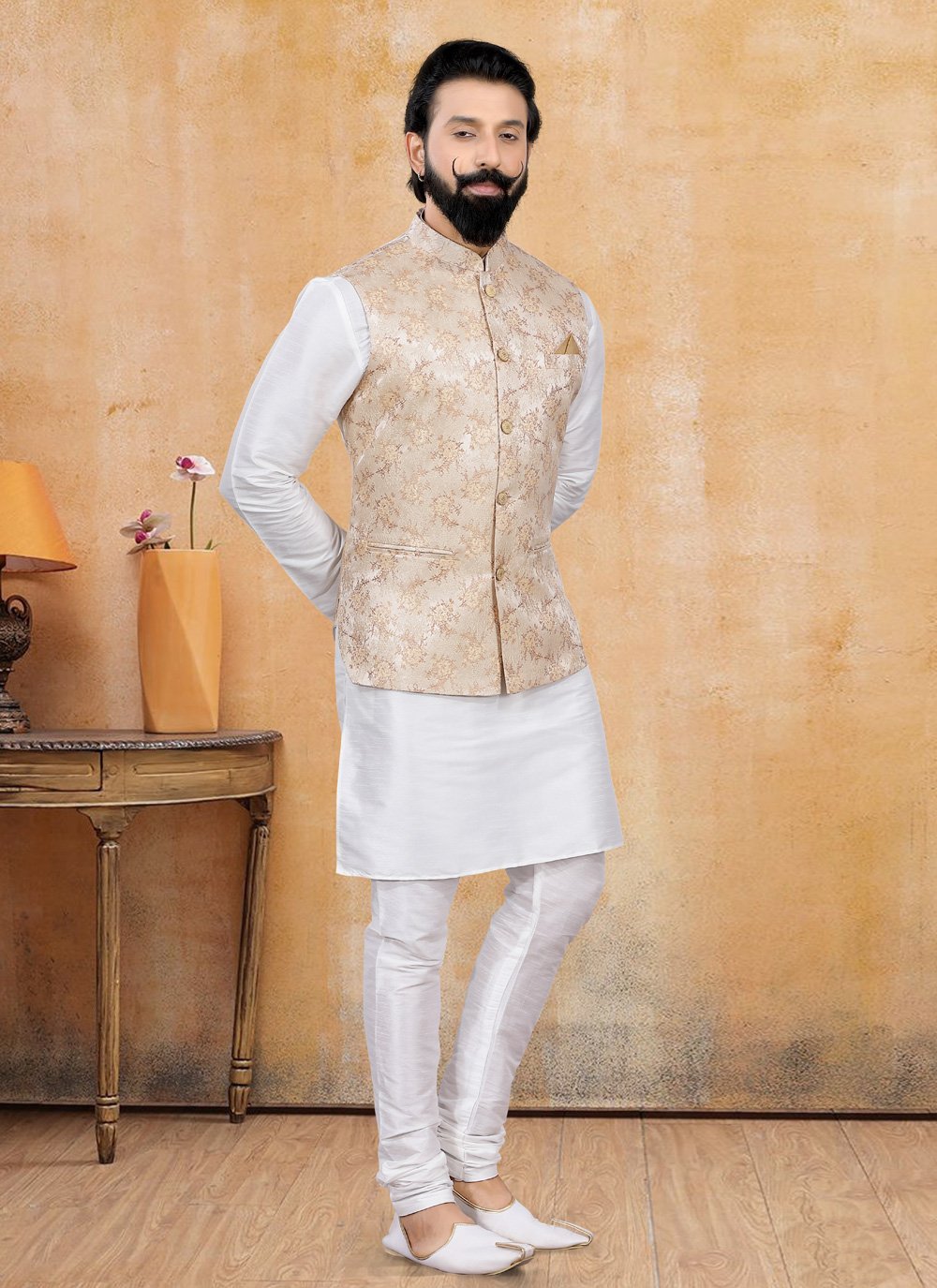 Nehru Jackets Jacquard Gold Fancy Work Mens