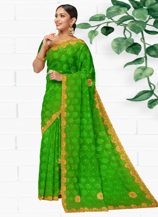 Contemporary Jacquard Green Embroidered Saree