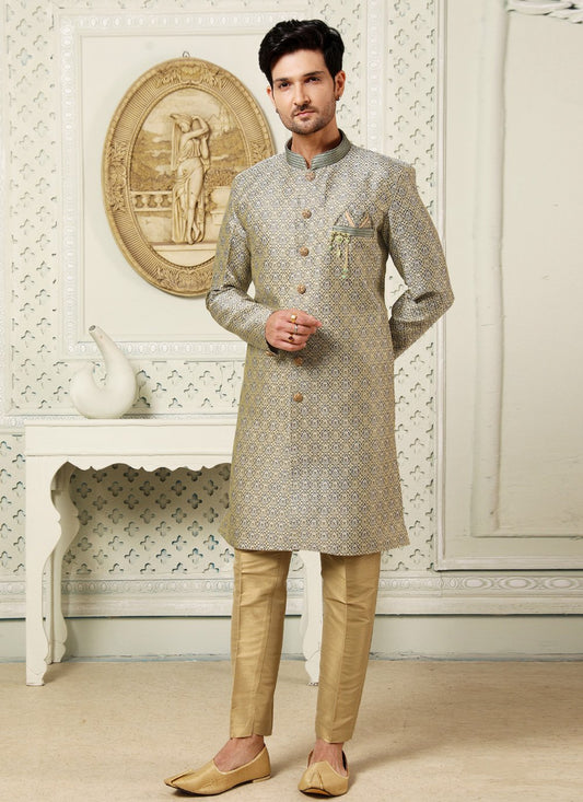Indo Western Jacquard Green Embroidered Mens