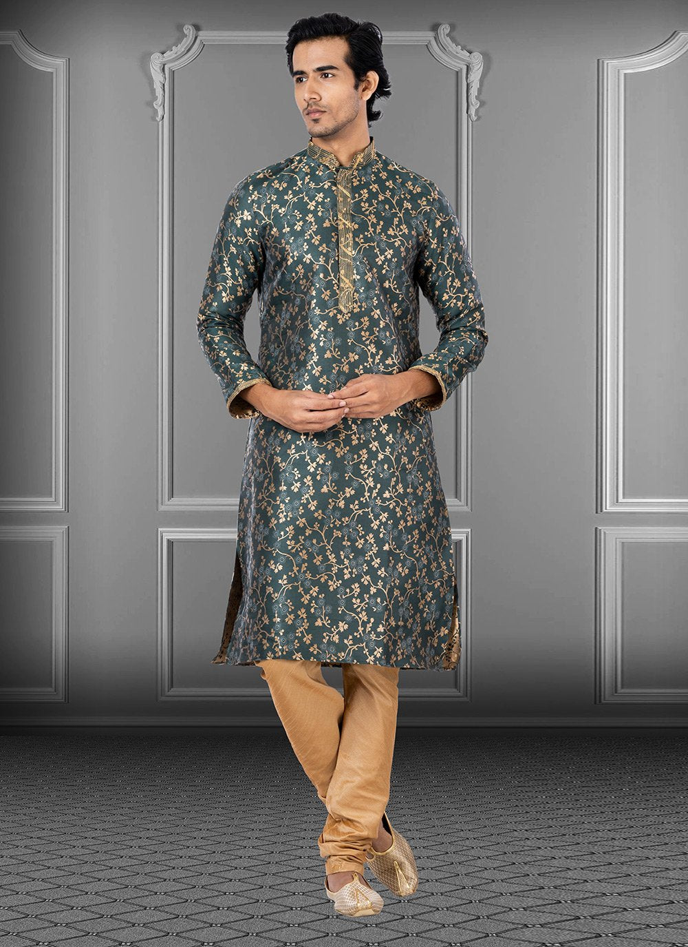 Kurta Pyjama Jacquard Green Foil Print Mens