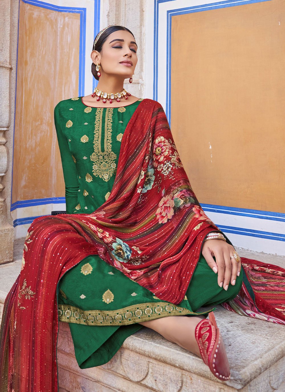 Straight Salwar Suit Jacquard Pure Dola Green Diamond Salwar Kameez