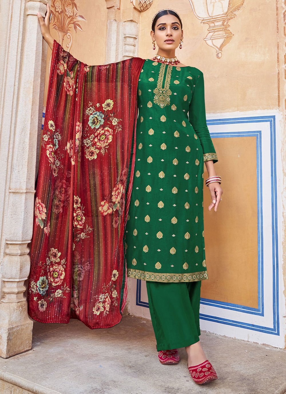 Straight Salwar Suit Jacquard Pure Dola Green Diamond Salwar Kameez