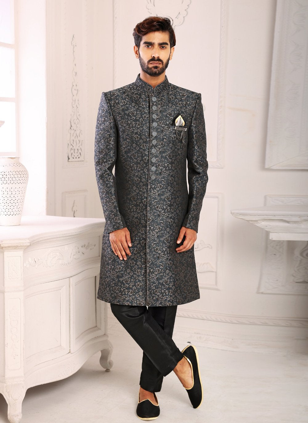 Indo Western Imported Jacquard Grey Embroidered Mens