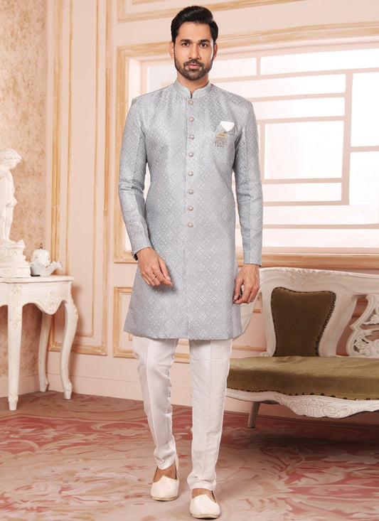 Indo Western Jacquard Grey Embroidered Mens
