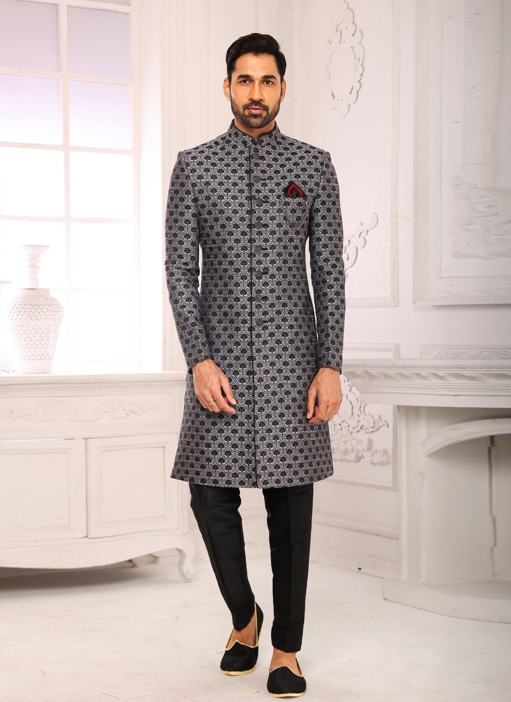 Indo Western Imported Jacquard Grey Embroidered Mens