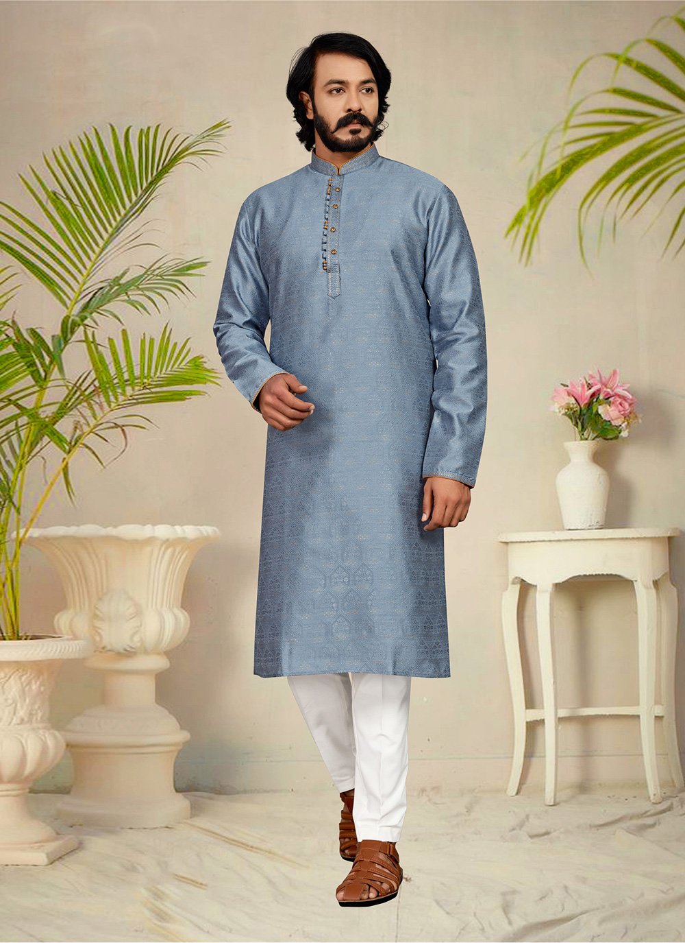 Kurta Pyjama Jacquard Grey Fancy Work Mens