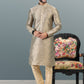 Kurta Pyjama Banarasi Silk Jacquard Grey Fancy Work Mens