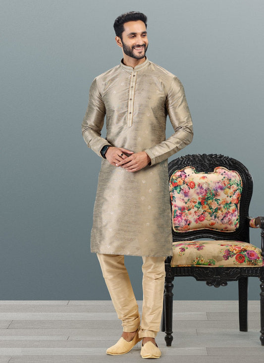 Kurta Pyjama Banarasi Silk Jacquard Grey Fancy Work Mens