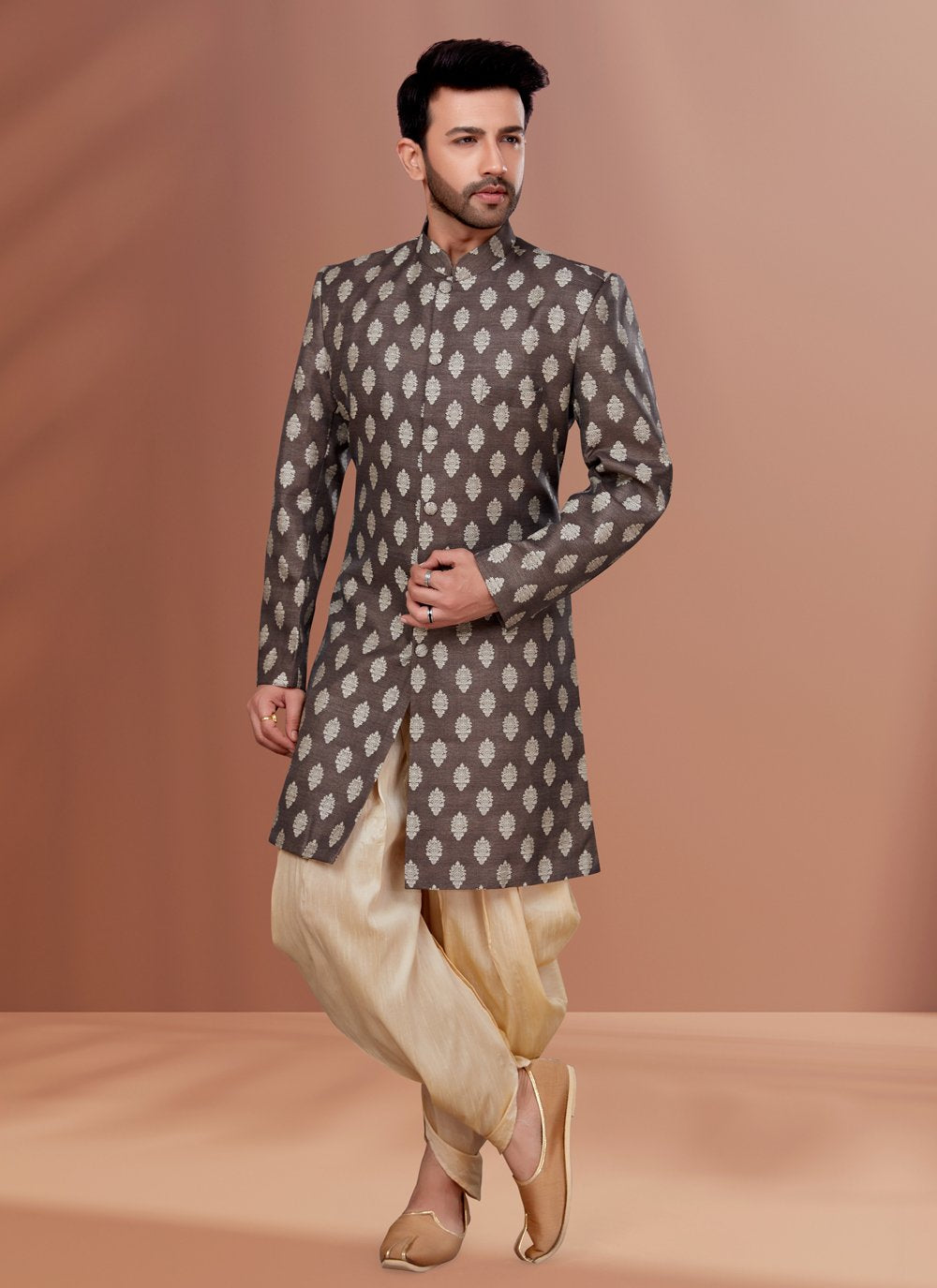 Indo Western Jacquard Brown Fancy Work Mens