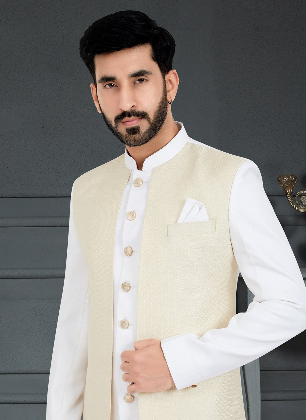 Indo Western Jacquard Cream White Weaving Mens