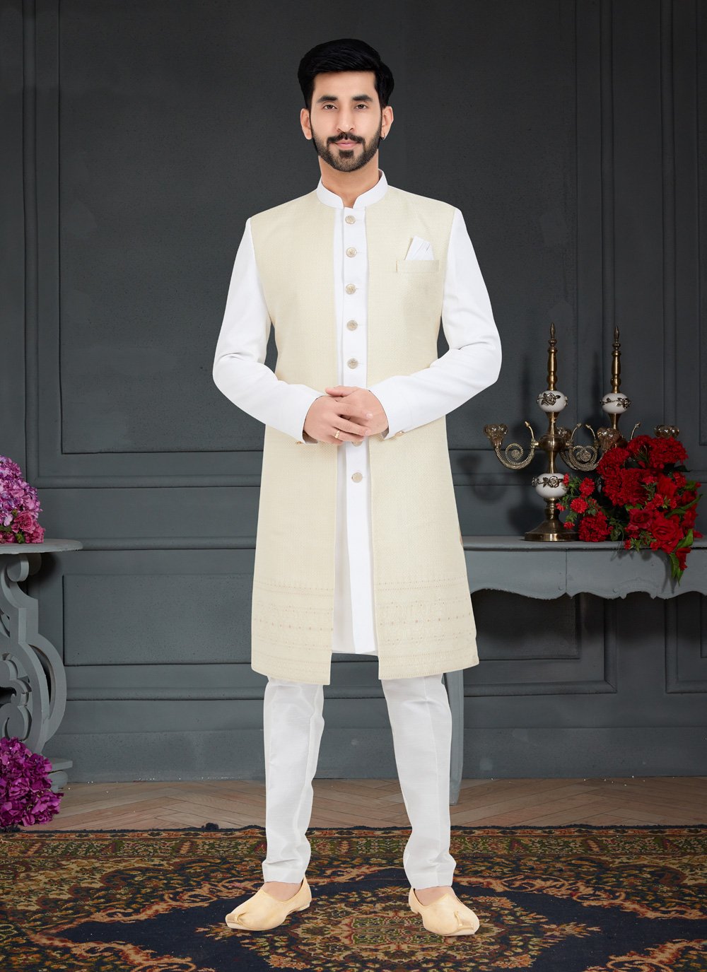 Indo Western Jacquard Cream White Weaving Mens