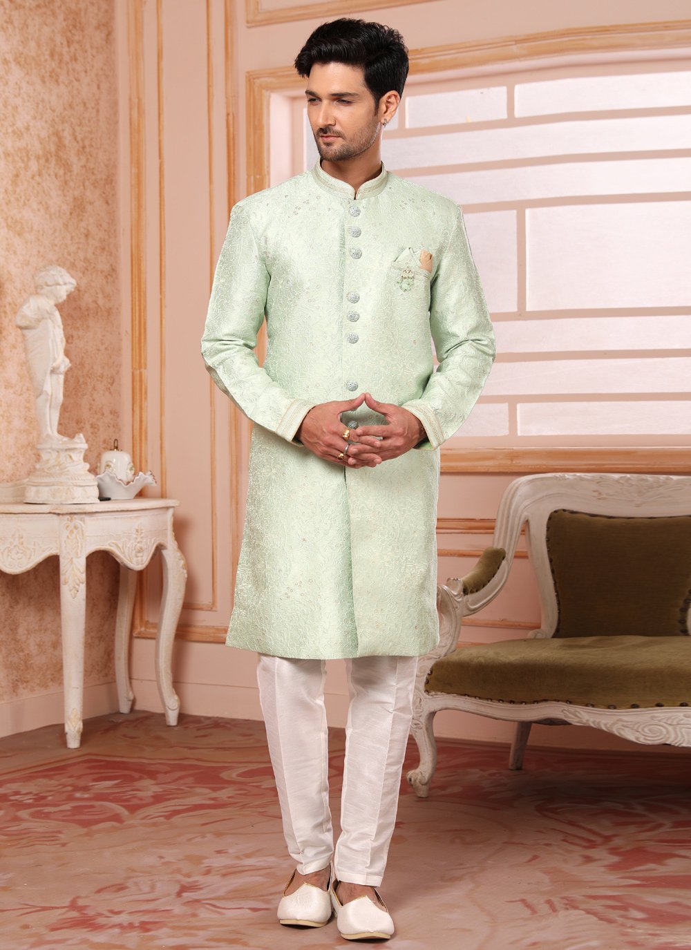 Indo Western Jacquard Green Embroidered Mens