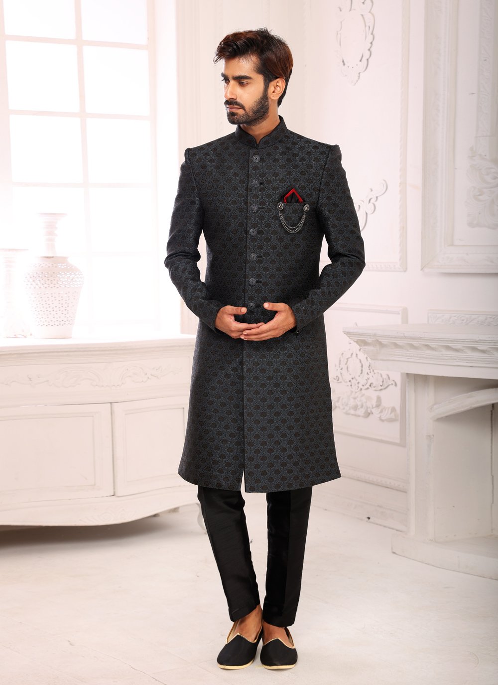 Indo Western Imported Jacquard Grey Embroidered Mens