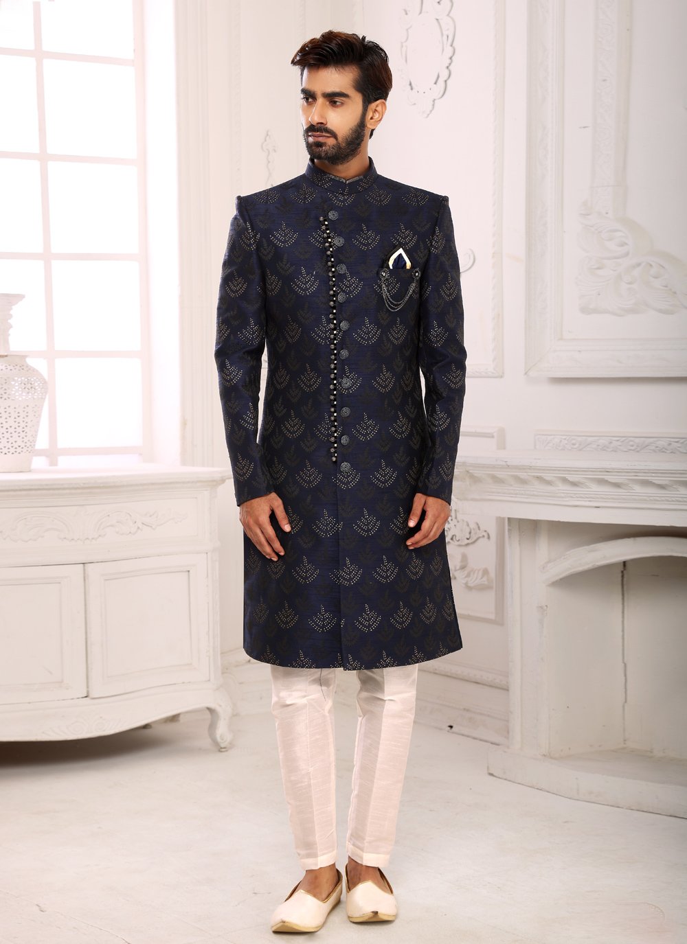 Indo Western Imported Jacquard Blue Embroidered Mens