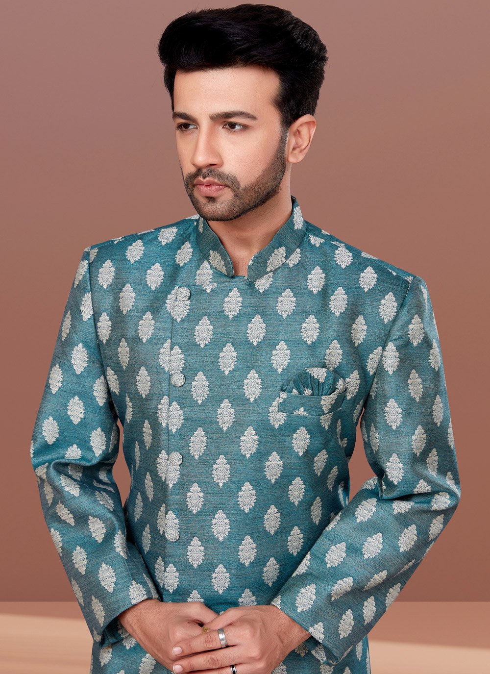 Indo Western Jacquard Teal Fancy Work Mens