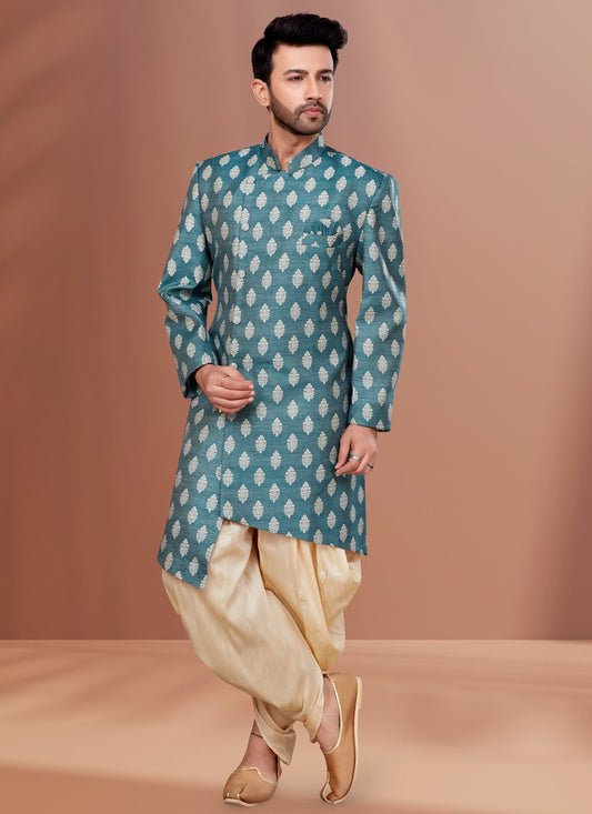 Indo Western Jacquard Teal Fancy Work Mens