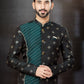 Indo Western Sherwani Jacquard Black Green Embroidered Mens