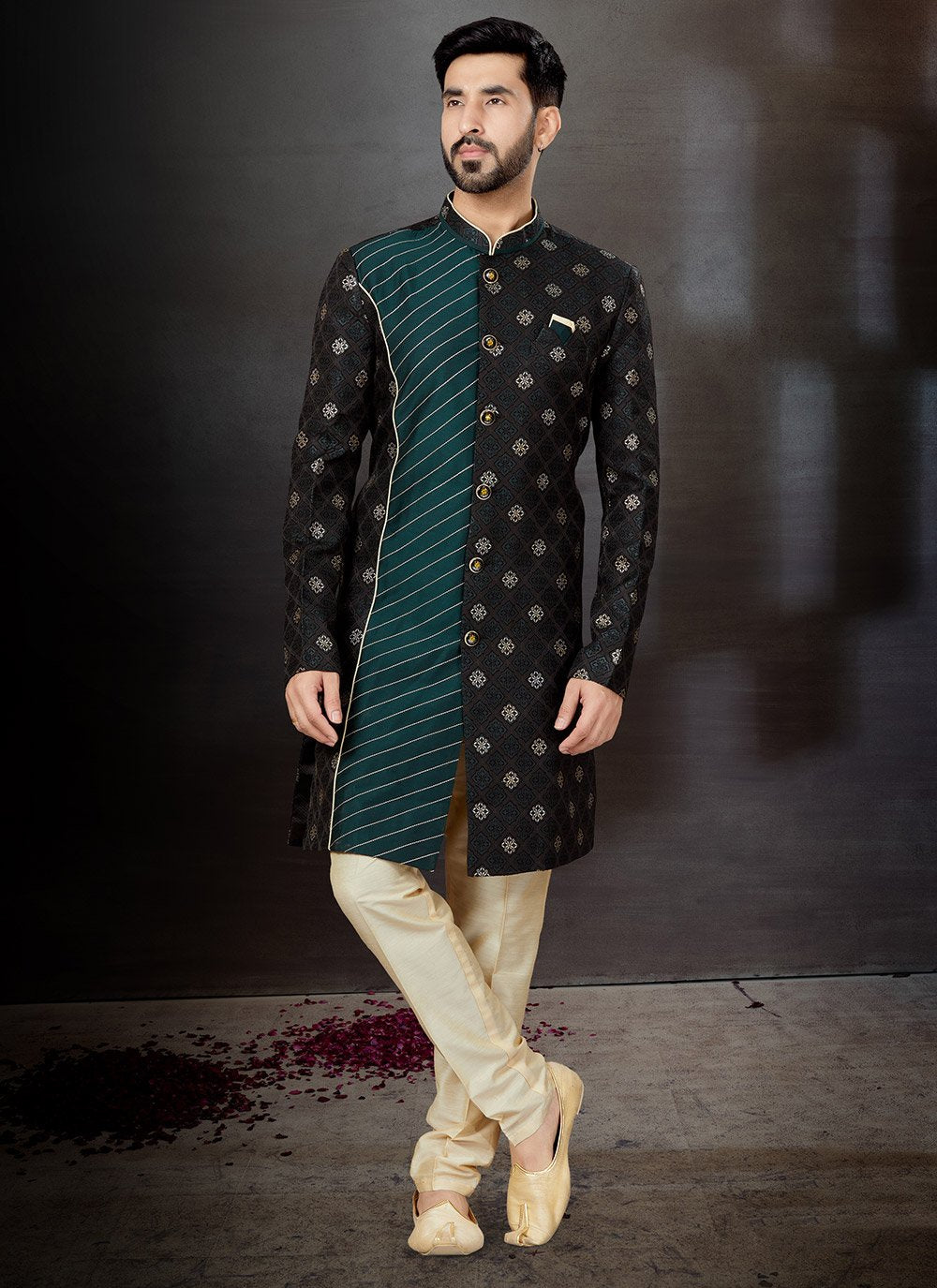 Indo Western Sherwani Jacquard Black Green Embroidered Mens