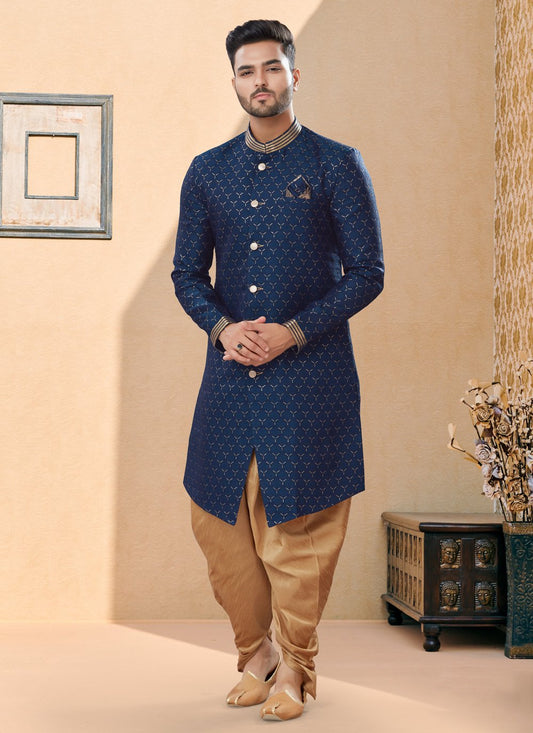 Indo Western Sherwani Jacquard Blue Digital Print Mens